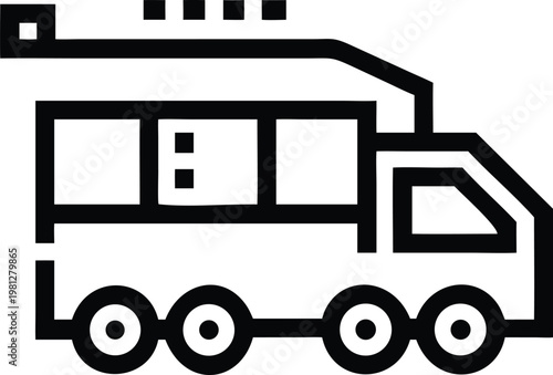 Industrial boom lift truck outline icon for high reach work and maintenance services