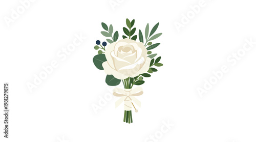 Elegant white rose boutonniere with green leaves and berries tied with a delicate ribbon