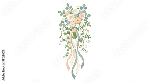 Elegant cascading bouquet of delicate pastel roses and greenery with flowing ribbons, perfect for weddings