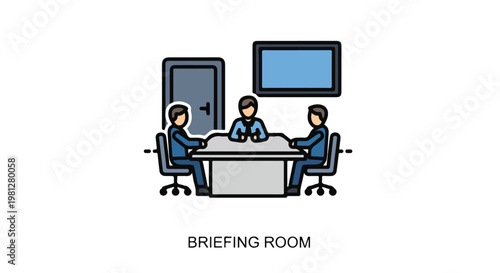 Business meeting in a modern briefing room with people seated around a conference table discussing strategy