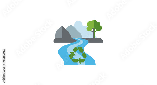 Environmental protection concept with river, mountains, tree and recycle symbol.