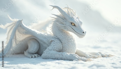 Majestic white dragon rests peacefully in a snowy landscape. Its scales and wings are detailed, featuring golden eyes and a serene expression. This mythical creature looks powerful and ancient.