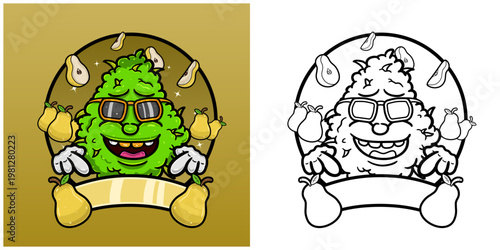 Pear Fruit Flavor with Weed Mascot Cartoon. Weed Design For Logo, Label and Packaging Product.