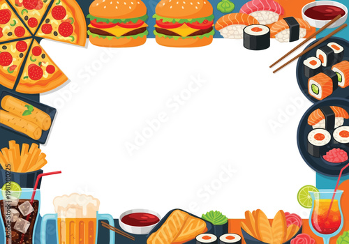 A diverse and appetizing frame featuring various popular fast food items and sushi surrounds a prominent empty central area.