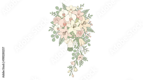 Elegant cascading bridal bouquet with soft pink roses and white lilies, adorned with delicate greenery and eucalyptus