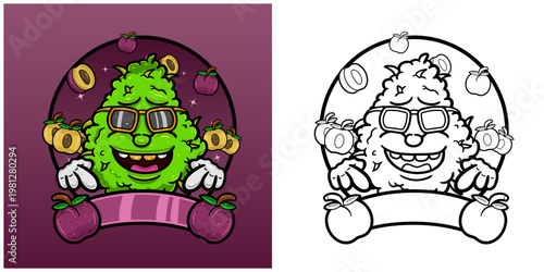 Plum Flavor with Weed Mascot Cartoon. Weed Design For Logo, Label and Packaging Product.
