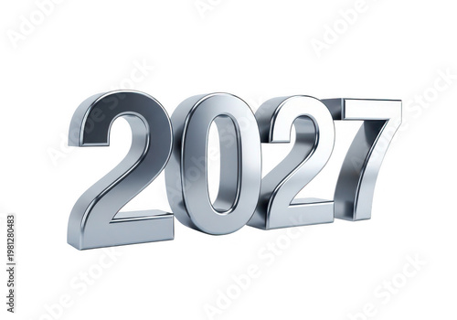 Silver metallic 3d rendering of the year 2027 with a reflective surface on transparent background