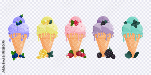 Summer  ice cream collection isolated on transparent background. Summer food. Ice cream icon set.  Cartoon flat style. Design element for web, posters, shops, advertising, games,social media. Vector 