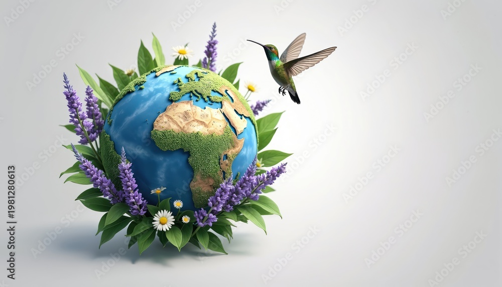 Fototapeta premium Earth globe with green land and blue water. Surrounded by green leaves lavender flowers and daisies. Hummingbird flies nearby, delicate nature concept, growth and harmony.