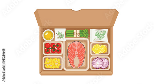 A meticulously organized meal kit box features a fresh salmon steak alongside vibrant cherry tomatoes and green asparagus on a clean white background.