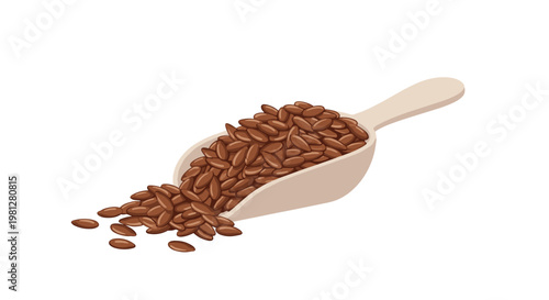 Nutritious dark brown flax seeds overflow from a smooth wooden scoop onto a clean white surface in a simple and elegant horizontal studio composition.