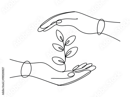 Continuous line drawing illustrating gentle hands cradling a small green plant symbolizing growth and care for nature