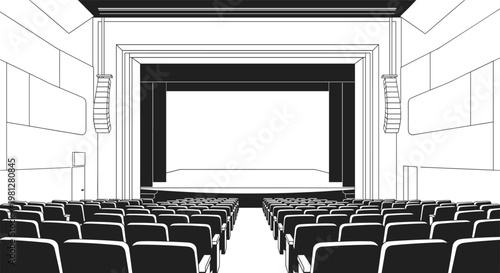 An empty theater interior rows of seats facing a dark stage in a grand architectural setting