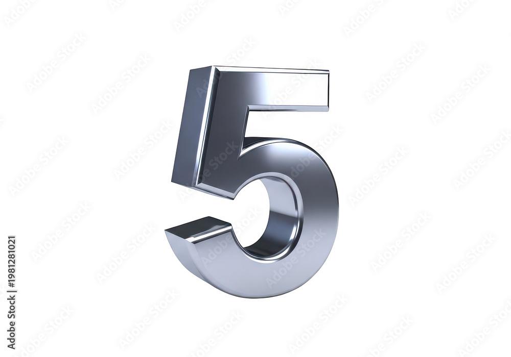 Fototapeta premium A polished metallic chrome number five is prominently displayed on transparent background