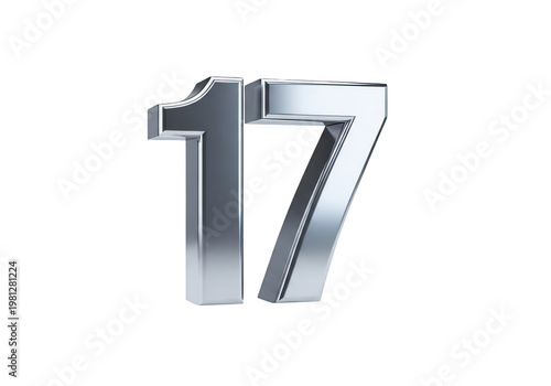 A polished metallic chrome number seventeen digitally rendered with realistic reflections on transparent background