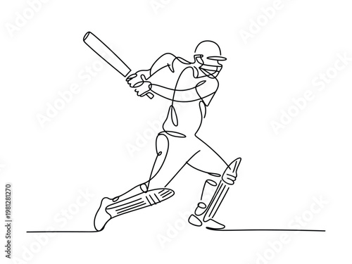 Continuous line drawing of a cricket batsman in action ready to hit the ball with a bat wearing protective gear