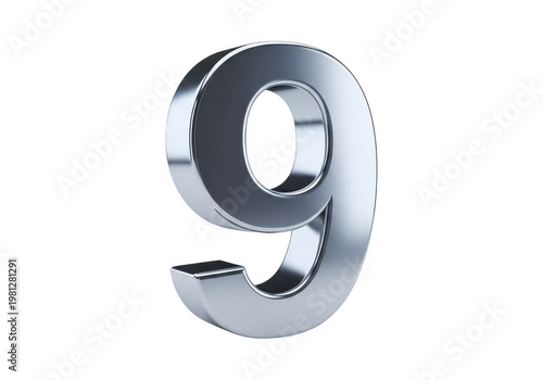 A sleek chrome like number nine rendered in 3d with realistic lighting on transparent background
