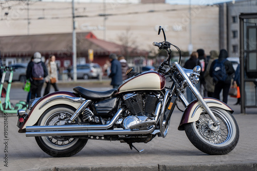 Принти на полотні Retro style cruiser motorbike with whitewall tires, chrome details and teardrop