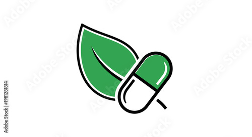 Illustration depicting herbal medicine combining natural leaf and medicinal capsule in white