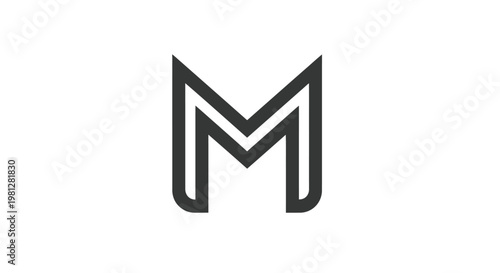 A striking black and white graphic features a stylized modern letter m design