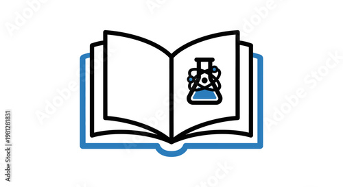 Illustration of an Open Book Featuring a Scientific Flask and Atomic Structure