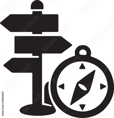 Signpost with arrows and compass for direction and travel vector.