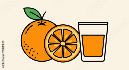 Illustration of orange fruit, a half orange, and a glass of refreshing juice drink