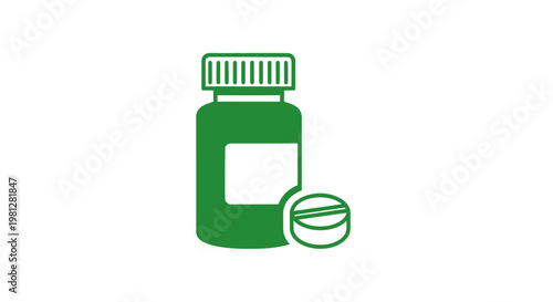 Illustration of medication bottle with pill, representing healthcare and pharmaceuticals