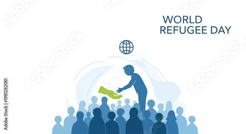 World Refugee Day illustration with a helping hand and diverse crowd silhouettes.