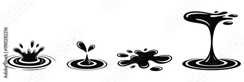 Minimalist water splash icons set with ripples and droplets in black and white