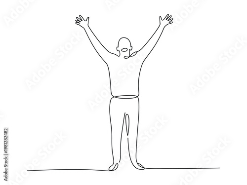 Quadro em tela Continuous line drawing of a man standing with arms raised up in the air  simple