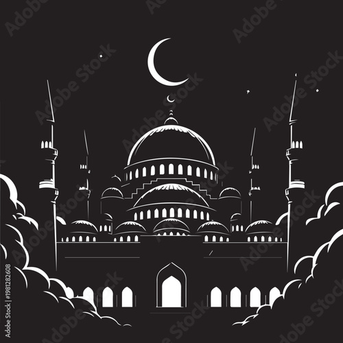 Majestic mosque under the crescent moon at twilight