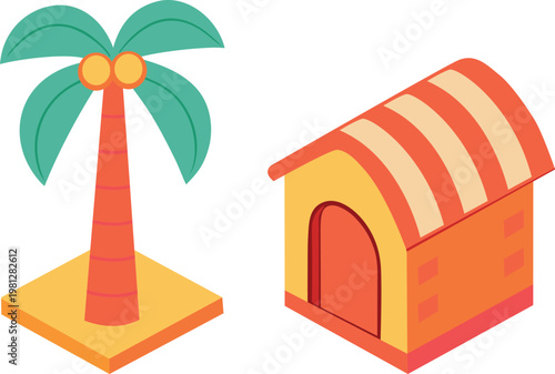 Tropical Palm Tree and Small Hut Flat Vector Illustration, Minimal Outdoor Scene Design