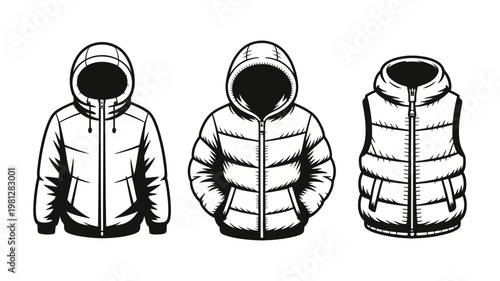 Detailed black and white line art illustration of winter puffer jackets and vest for fashion sketches