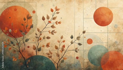 Autumnal branches with leaves overlay abstract shapes and grid. Organic elements blend with geometric forms in warm earth tones. Nature inspired graphic art with circles and textured background.