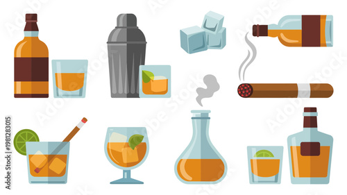 Collection of whiskey and spirit accessories including glasses bottles shaker and cigar vector art