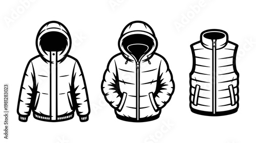 Set of winter puffer jackets and vest as black and white line art vector illustration for clothing design