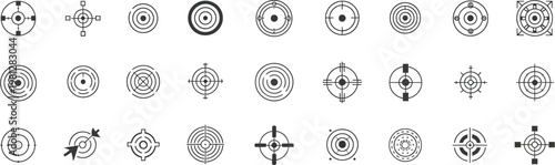 Target and Aim Icon Set Featuring Crosshair, Bullseye, and Focus Symbols, Clean Vector Illustration for Goal Setting, Accuracy, Precision, Marketing Strategy, and User Interface Design Projects