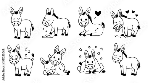 Cute cartoon donkey character set with expressive poses and funny activities for children book design work