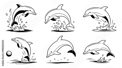 Artistic hand drawn dolphin set jumping and playing in ocean water for marine biology graphic design assets