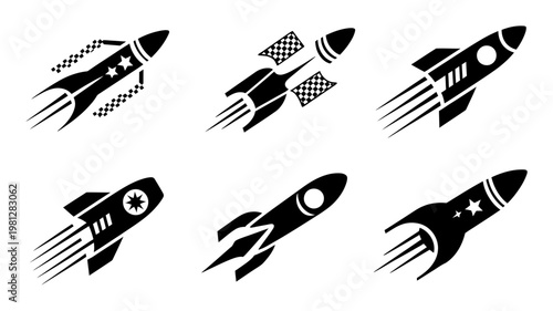 Set of black and white rocket ship launch icons for space exploration and science fiction design projects