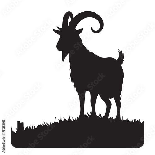 Ram gazing at the crescent moon over a fenced horizon at dusk