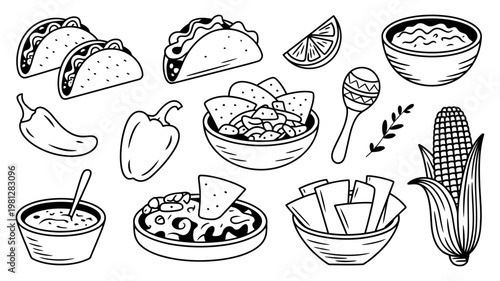 Hand drawn black and white Mexican food icons set including tacos and nachos for restaurant menu design