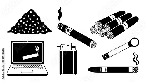 Detailed cigar and smoking accessories set in black and white vector graphic style for branding elements