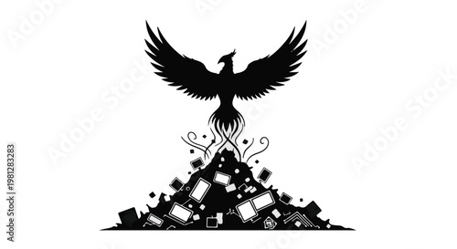 black silhouette of phoenix rising from ashes