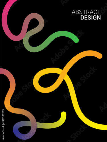 A striking abstract design featuring colorful curved lines against a solid black background