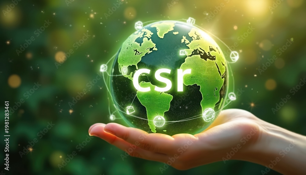 Obraz premium Hand holds glowing green earth with csr icons circling. Focus on corporate social responsibility and sustainable business practices for future global growth.