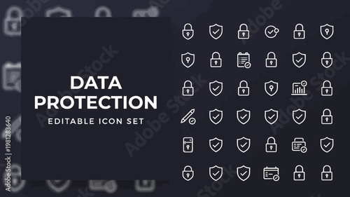 A grid of outline data protection icons is featured prominently on a dark, slightly blurred background.