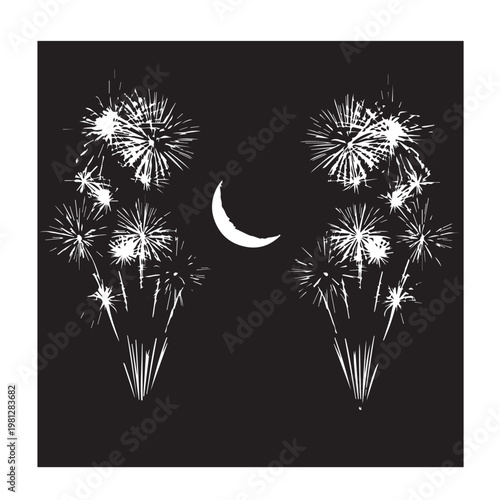 Celebratory fireworks display illuminating the night sky with a crescent moon overhead