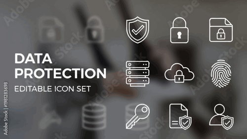 Outline data protection icons appear on a frosted glass panel over a blurred laptop workspace.